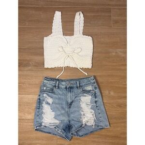 American Eagle Distressed Denim Shorts & White Hollister Crochet  Crop Top Set 0